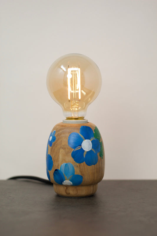 Kabuto Accent Lamp – decorative accent lamp with hand-painted blue poppy flowers on ash wood base, Japanese-inspired one-of-a-kind table lamp