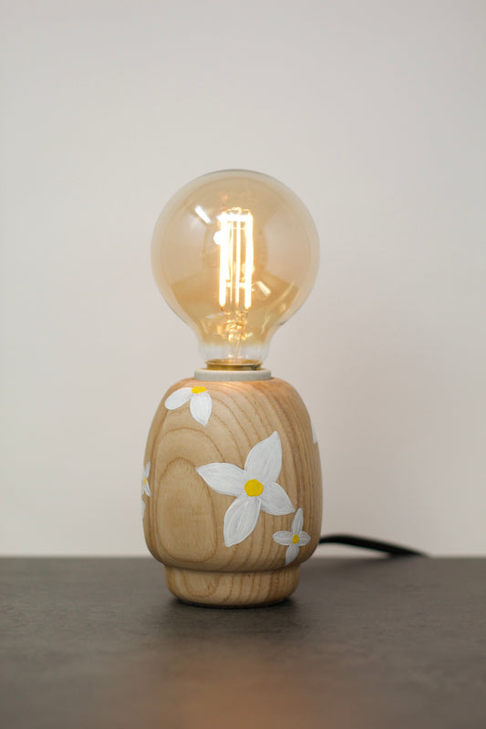 Kabuto Accent Lamp – unique accent lamp with hand-painted white orchid flowers on ash wood base, Japanese-inspired one-of-a-kind lighting design