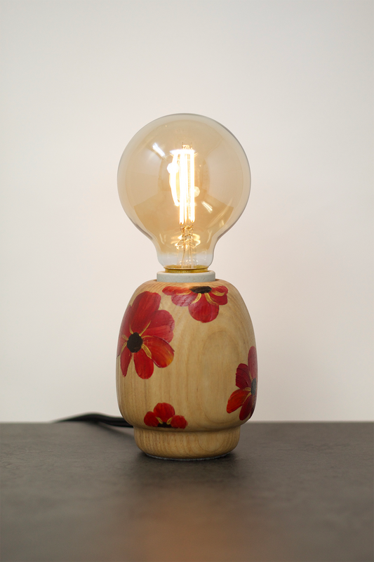 Kabuto Accent Lamp – hand painted lamp with bright red poppy motif, one-of-a-kind lighting inspired by Japanese Kokeshi dolls, solid ash wood base