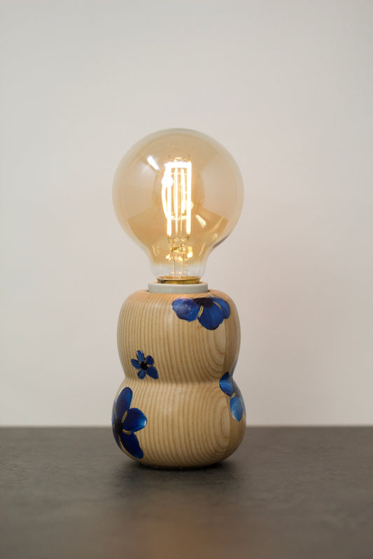Hina Accent Lamp – hand-painted blue delphinium flowers, small space accent light with ash wood base inspired by Japanese Kokeshi dolls