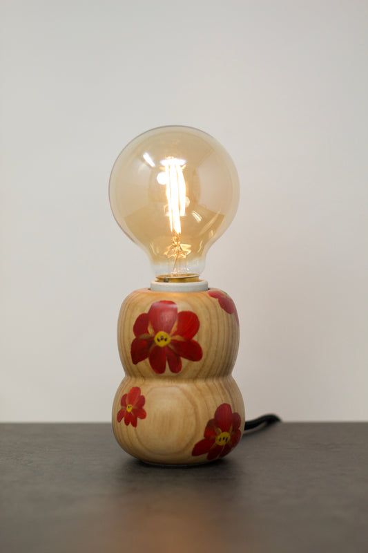 Hina Accent Lamp – artistic table lamp with hand-painted red petunia flowers on solid ash wood base, unique Japanese-inspired designer lighting
