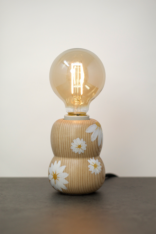 Kabuto Accent Lamp – limited edition artist series with hand-painted white daisy flowers on ash wood base, one-of-a-kind Japanese-inspired table lamp