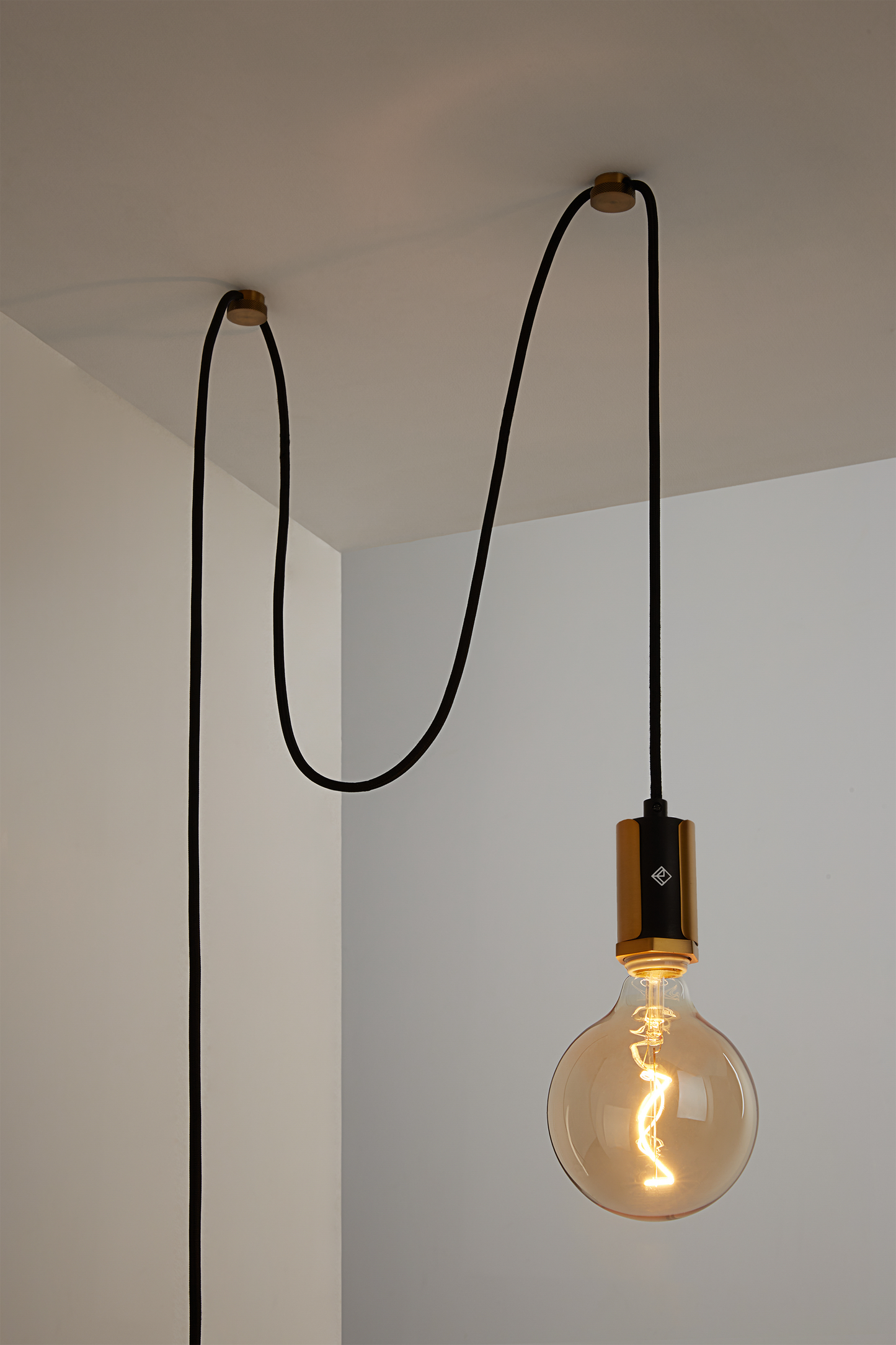 Alamere Plug-In Pendant Light in warm brass finish with 24-foot black fabric cord, modern ceiling pendant lamp for apartments, kitchens, bedrooms, and living rooms, no hardwiring required