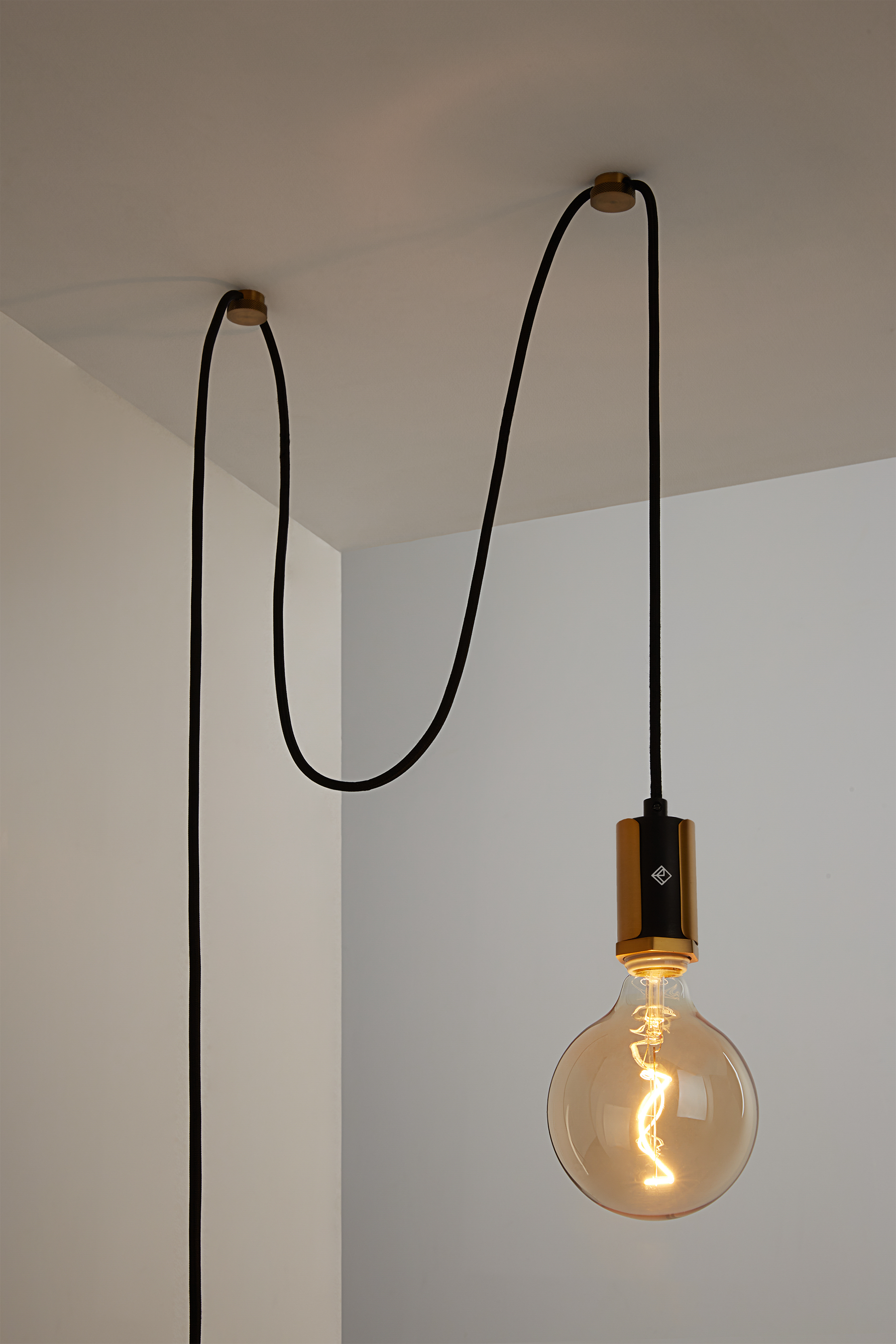 Alamere Plug-In Pendant Light in warm brass finish with 24-foot black fabric cord, modern ceiling pendant lamp for apartments, kitchens, bedrooms, and living rooms, no hardwiring required