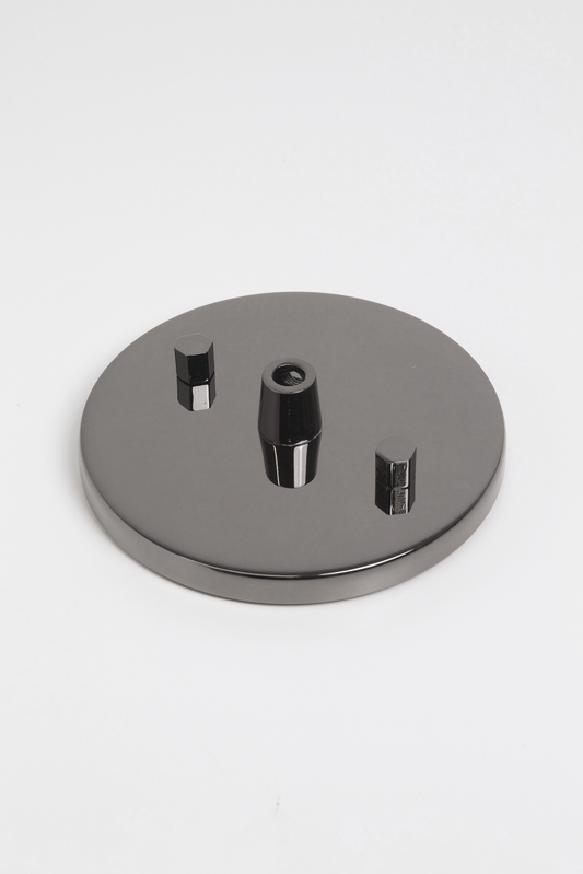 Black chrome round low-profile ceiling canopy with strain relief for pendant lights