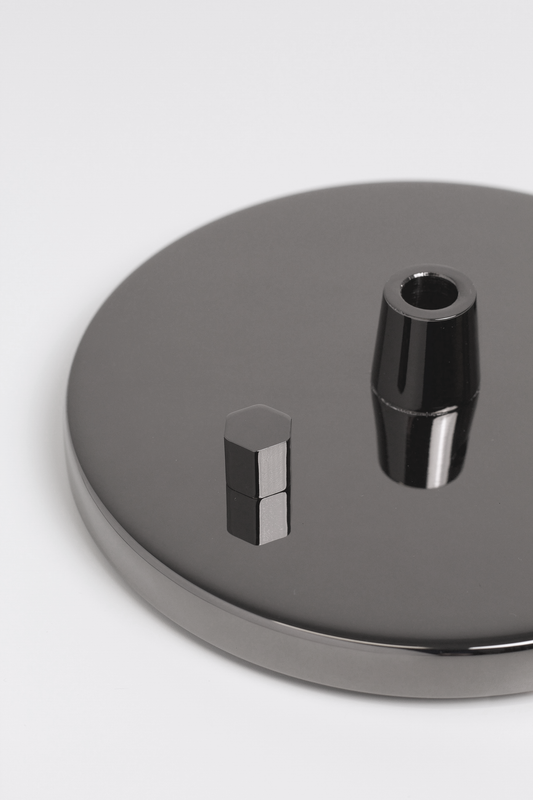 Black chrome round low-profile ceiling canopy with strain relief for pendant lights