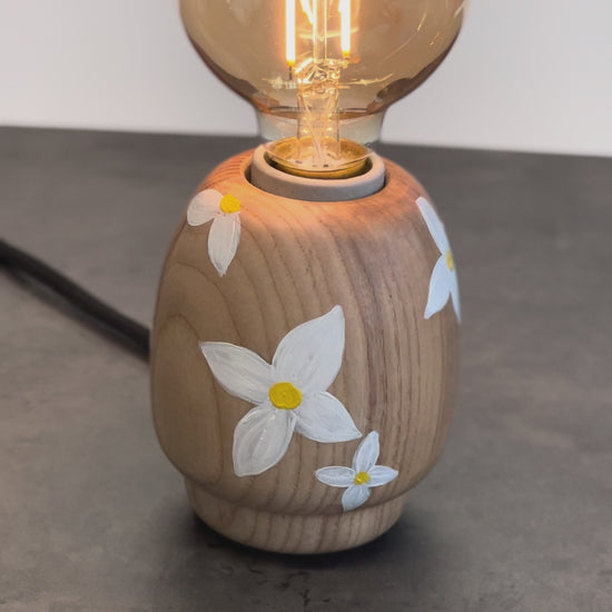 Kabuto Accent Lamp – unique accent lamp with hand-painted white orchid flowers on ash wood base, Japanese-inspired one-of-a-kind lighting design