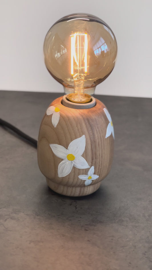 Kabuto Accent Lamp – unique accent lamp with hand-painted white orchid flowers on ash wood base, Japanese-inspired one-of-a-kind lighting design