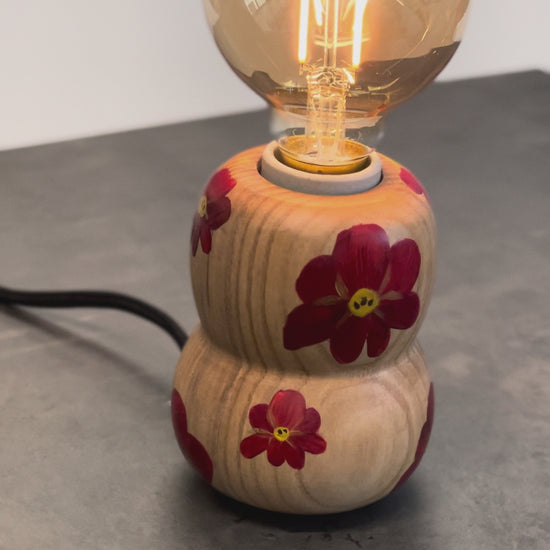 Hina Accent Lamp – artistic table lamp with hand-painted red petunia flowers on solid ash wood base, unique Japanese-inspired designer lighting