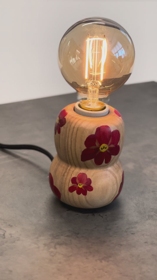 Hina Accent Lamp – artistic table lamp with hand-painted red petunia flowers on solid ash wood base, unique Japanese-inspired designer lighting