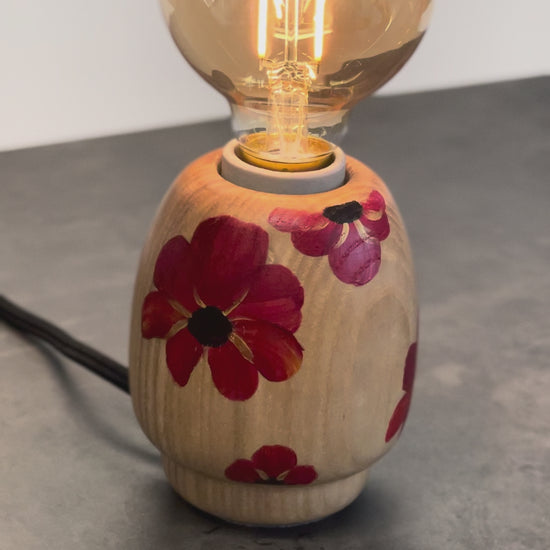 Kabuto Accent Lamp – hand painted lamp with bright red poppy motif, one-of-a-kind lighting inspired by Japanese Kokeshi dolls, solid ash wood base