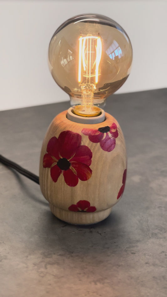 Kabuto Accent Lamp – hand painted lamp with bright red poppy motif, one-of-a-kind lighting inspired by Japanese Kokeshi dolls, solid ash wood base