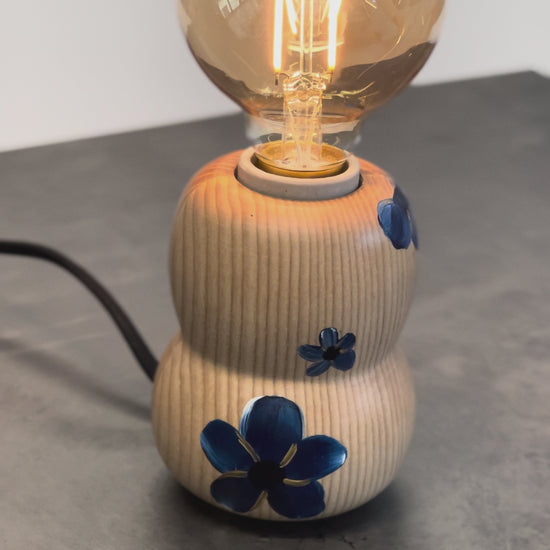 Hina Accent Lamp – hand-painted blue delphinium flowers, small space accent light with ash wood base inspired by Japanese Kokeshi dolls