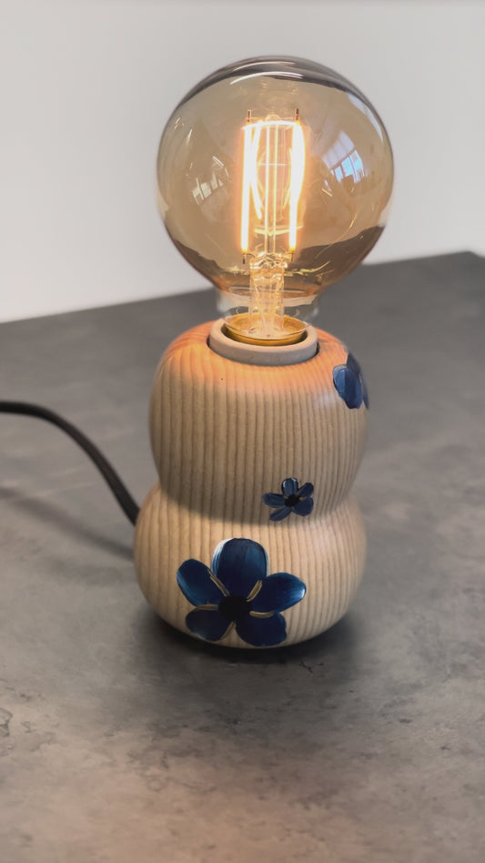 Hina Accent Lamp – hand-painted blue delphinium flowers, small space accent light with ash wood base inspired by Japanese Kokeshi dolls