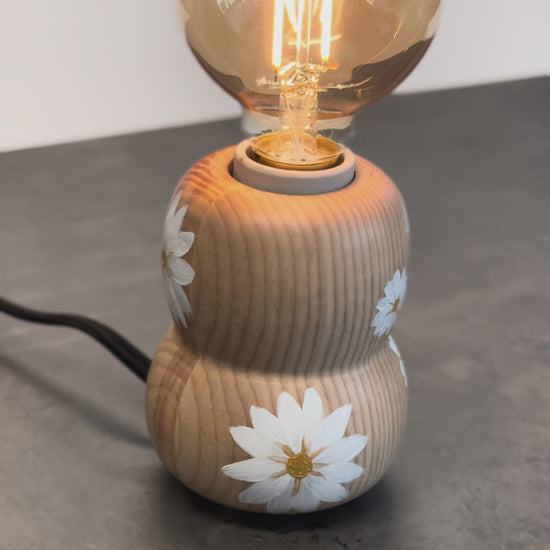 Kabuto Accent Lamp – limited edition artist series with hand-painted white daisy flowers on ash wood base, one-of-a-kind Japanese-inspired table lamp