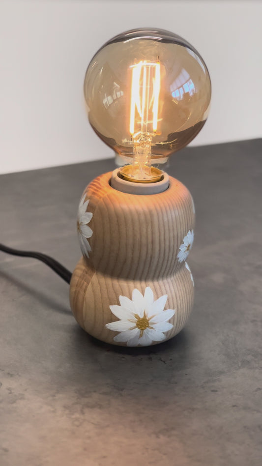 Kabuto Accent Lamp – limited edition artist series with hand-painted white daisy flowers on ash wood base, one-of-a-kind Japanese-inspired table lamp