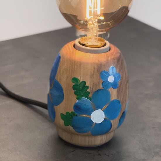 Kabuto Accent Lamp – decorative accent lamp with hand-painted blue poppy flowers on ash wood base, Japanese-inspired one-of-a-kind table lamp