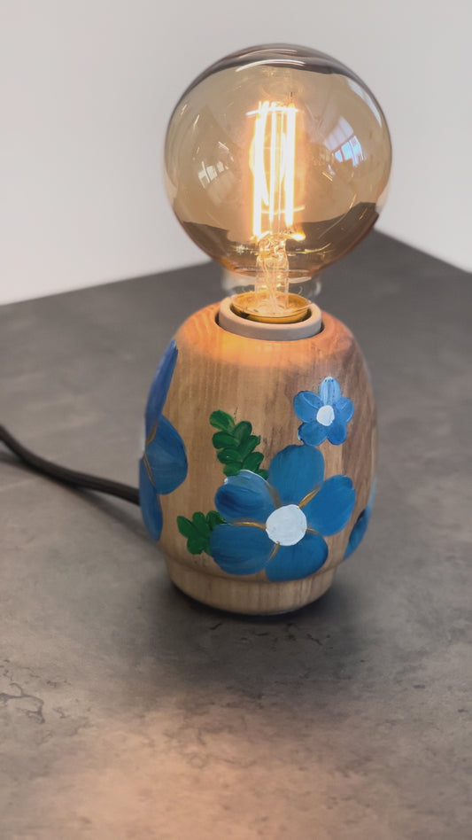 Kabuto Accent Lamp – decorative accent lamp with hand-painted blue poppy flowers on ash wood base, Japanese-inspired one-of-a-kind table lamp
